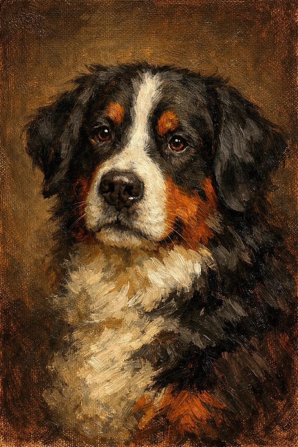 Bernese Mountain Dog portrait on canvas — AI-made from a photo, by ArtPixio