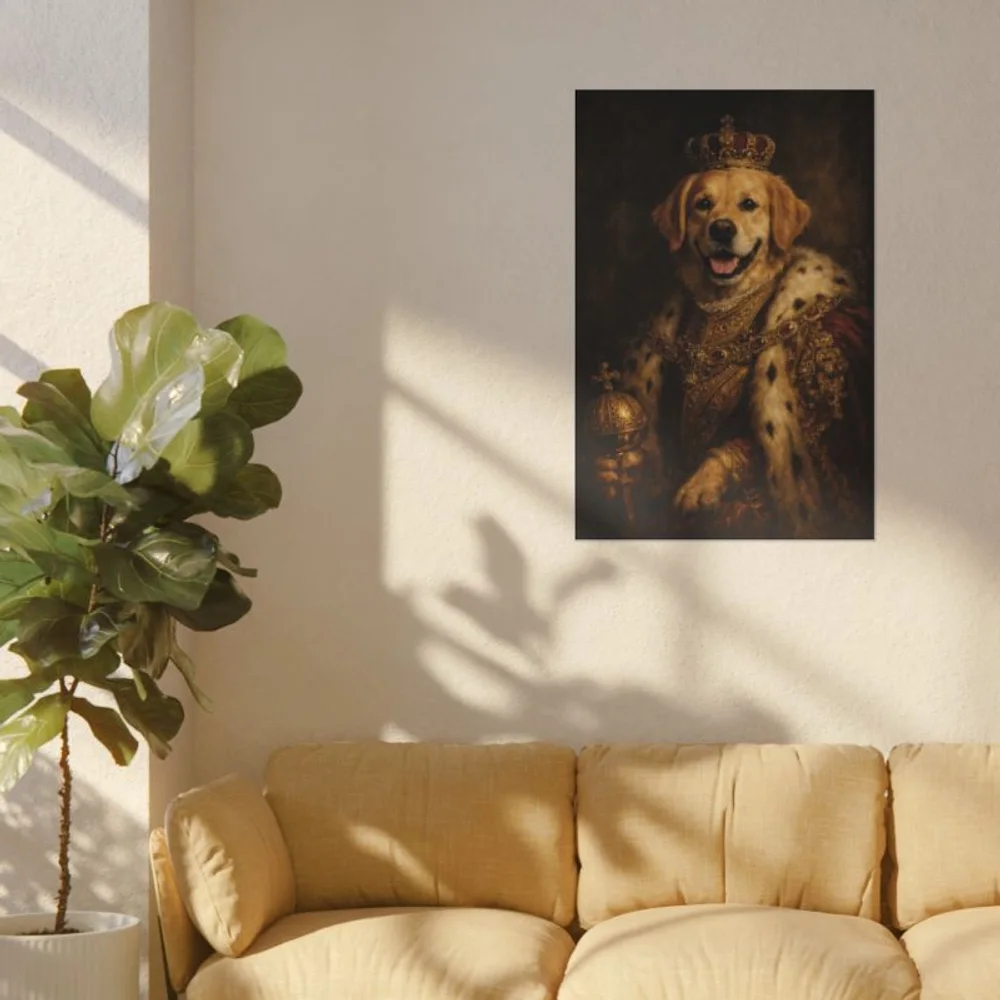 A custom pet portrait on gallery-wrapped canvas, hanging on a sunlit living-room wall