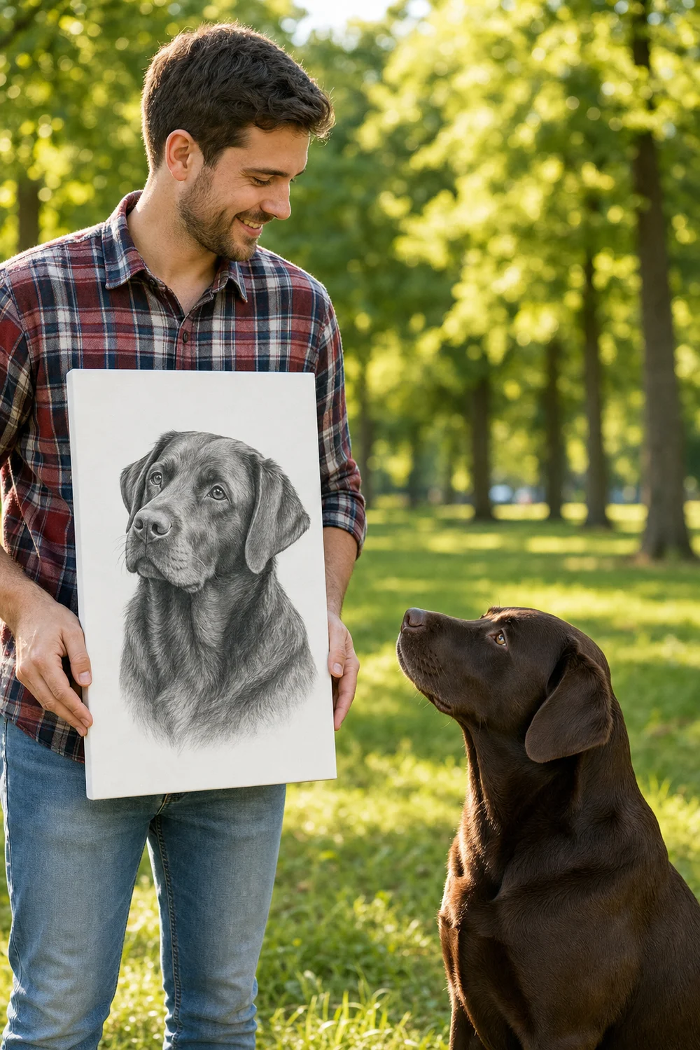 A man holding a hand-drawn canvas portrait of his Labrador, with the real dog sitting beside him in a sunlit park